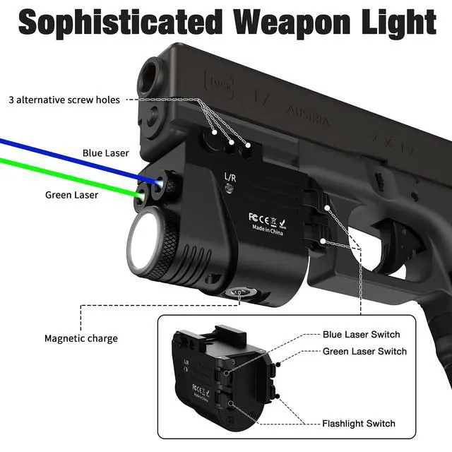 Alt view image 4 of 7 - 500 Lumen Blue Green Laser Light for Pistol, Rechargeable Rail Mounted Flashlight Laser Combo for Picatinny Rail, Magnetic Charging
