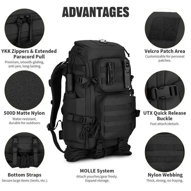 Alt view image 5 of 7 - 45L Tactical Backpack, Military Molle Backpack with 17" Laptop Compartment Survival Large Hiking Travel Rucksack for Outdoors