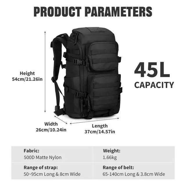 Alt view image 3 of 7 - 45L Tactical Backpack, Military Molle Backpack with 17" Laptop Compartment Survival Large Hiking Travel Rucksack for Outdoors