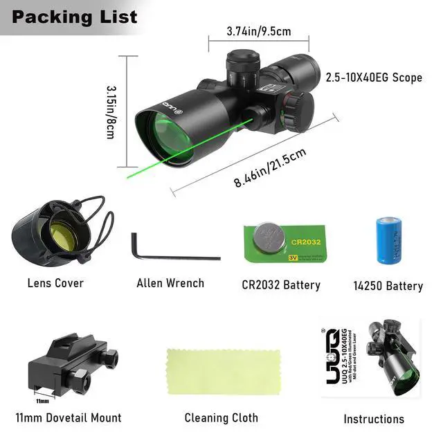 Alt view image 3 of 7 - 2.5-10x40 Rifle Scope with Red/Green Illuminated Mil-dot with Red/Green Laser Combo-Green Lens Color,Tactical Scope for Gun Air Hunting,Free 20/11mm Mounts