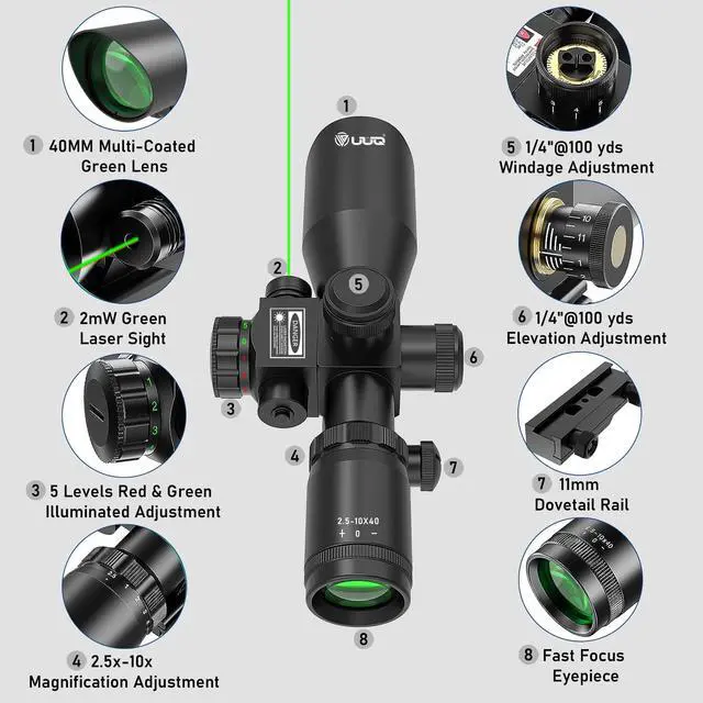 Alt view image 4 of 7 - 2.5-10x40 Rifle Scope with Red/Green Illuminated Mil-dot with Red/Green Laser Combo-Green Lens Color,Tactical Scope for Gun Air Hunting,Free 20/11mm Mounts