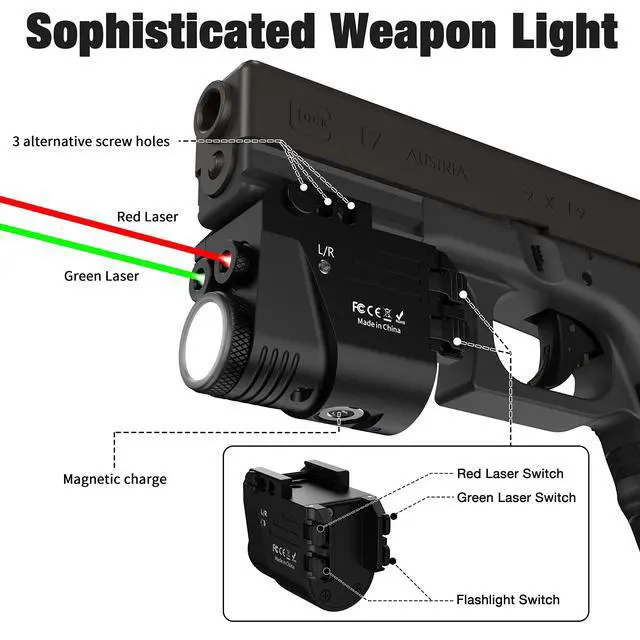 Alt view image 4 of 7 - 500 Lumens Red and Green Laser Light Combo, Rail Mounted Pistol Flashlight with Double Lasers Beam, Magnetic Charging Handgun Flashlight, Laser Class II