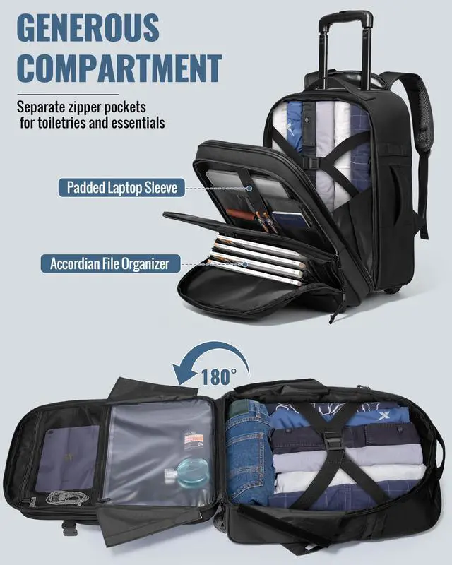 Alt view image 2 of 7 - Rolling Tactical Laptop Backpack, Underseat Travel Backpack | Wheeled Carry-On Luggage, 17" Laptop Sleeve, 4 Expandable Pockets, Molle Loop Panel, 3 Carrying Options, Lockable Zipper