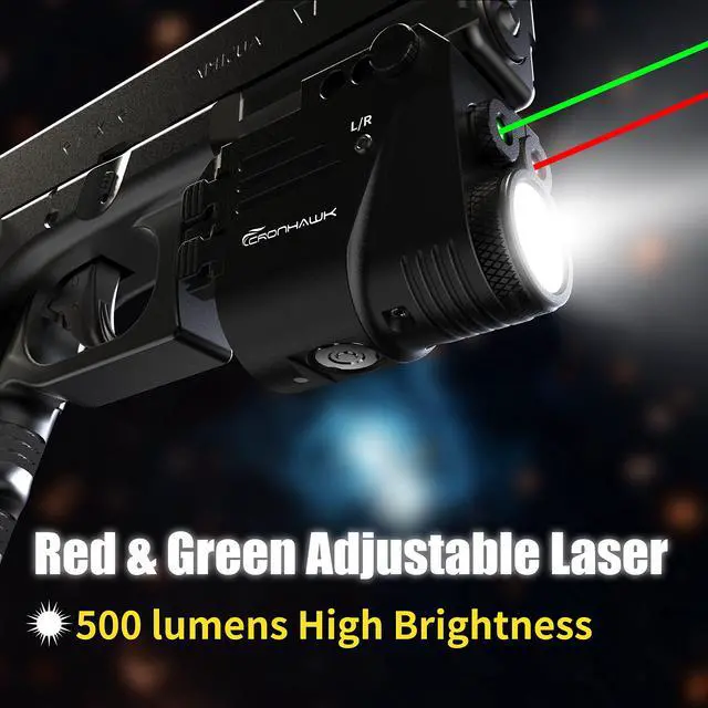 Alt view image 2 of 7 - 500 Lumens Red and Green Laser Light Combo, Rail Mounted Pistol Flashlight with Double Lasers Beam, Magnetic Charging Handgun Flashlight, Laser Class II