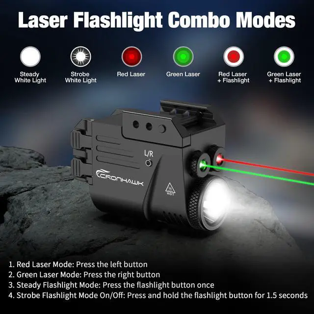 Alt view image 3 of 7 - 500 Lumens Red and Green Laser Light Combo, Rail Mounted Pistol Flashlight with Double Lasers Beam, Magnetic Charging Handgun Flashlight, Laser Class II