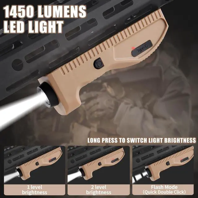 Alt view image 2 of 7 - Tactical Weapon Light, 1450 Lumens, M-Lcok Compatible, Strobe Function,USB Rechargeable, Desert Tan