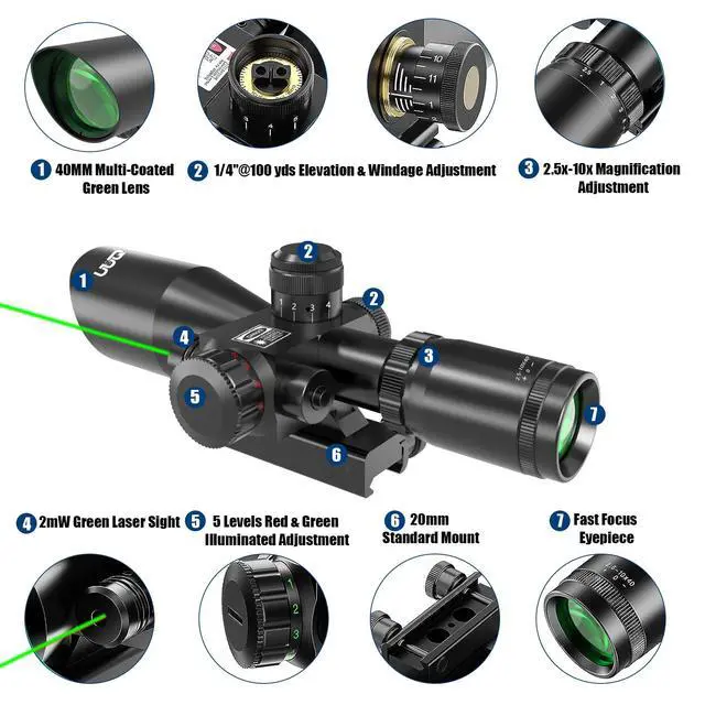 Alt view image 6 of 7 - 2.5-10x40 Rifle Scope with Red/Green Illuminated Mil-dot with Red/Green Laser Combo-Green Lens Color,Tactical Scope for Gun Air Hunting,Free 20/11mm Mounts