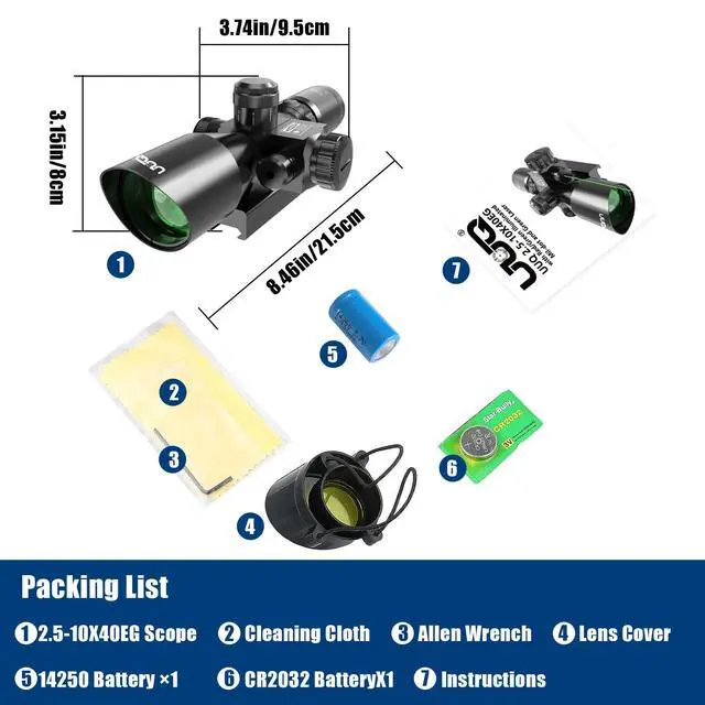Alt view image 7 of 7 - 2.5-10x40 Rifle Scope with Red/Green Illuminated Mil-dot with Red/Green Laser Combo-Green Lens Color,Tactical Scope for Gun Air Hunting,Free 20/11mm Mounts