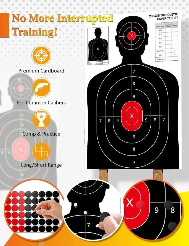 Alt view image 3 of 7 - 23x35 Inch Shooting Targets - High-Visibility Silhouette Paper for Range Training - Compatible with Pistol Rifle Shotgun Airgun BB Gun - Reusable with Adhesive Patches for Indoor/Outdoor