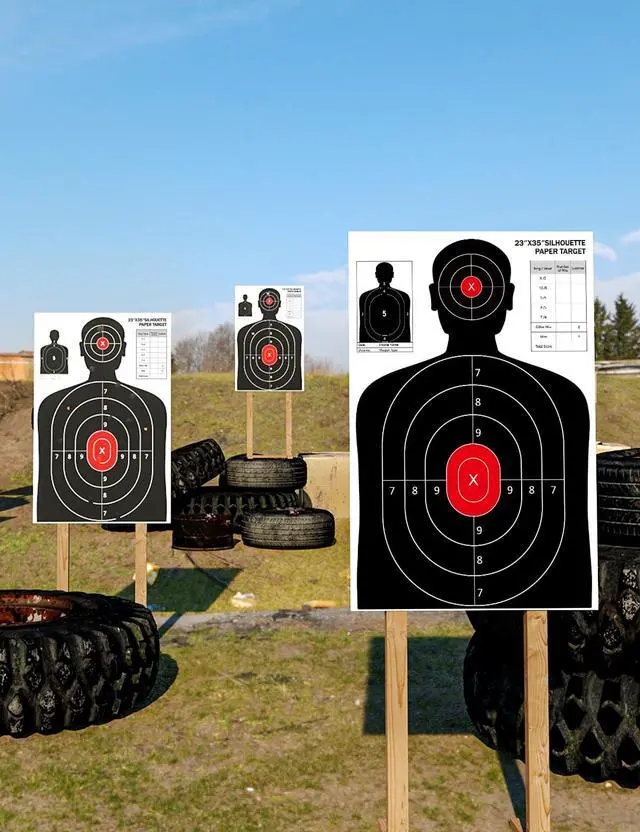 Alt view image 6 of 7 - 23x35 Inch Shooting Targets - High-Visibility Silhouette Paper for Range Training - Compatible with Pistol Rifle Shotgun Airgun BB Gun - Reusable with Adhesive Patches for Indoor/Outdoor