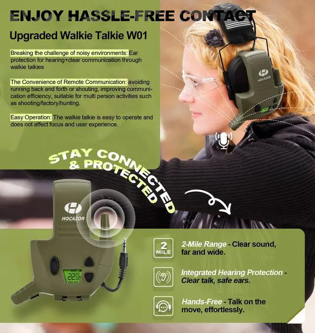 Alt view image 4 of 7 - 2 Pack W01 Walkie Talkies Compatible with Walker's Razor Slim Electronic Ear Muffs, Outdoors Hunting Shooting Construction Sites Work Shop, Black and Green