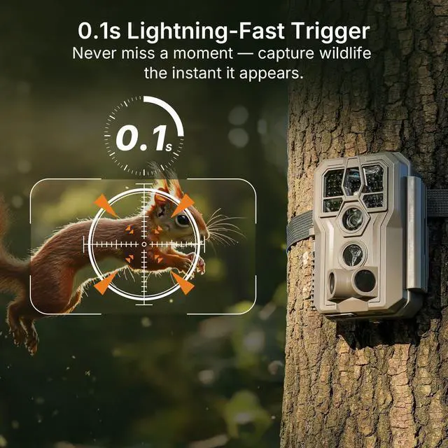 Alt view image 4 of 7 - E5 2.0 Trail Camera (Non-Cellular, Non-WiFi), 4K Video, 0.1s Trigger, 100ft No-Glow Night Vision, IP66 Waterproof, Motion Activated Wildlife Camera