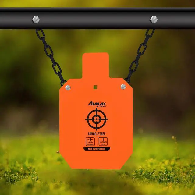Alt view image 4 of 6 - AR500 Steel Targets Combo with Metal Chains, 3/8 Thick Metal Gong Silhouette Targets for Outdoor Range and Shooting Practice, Neon Orange Color