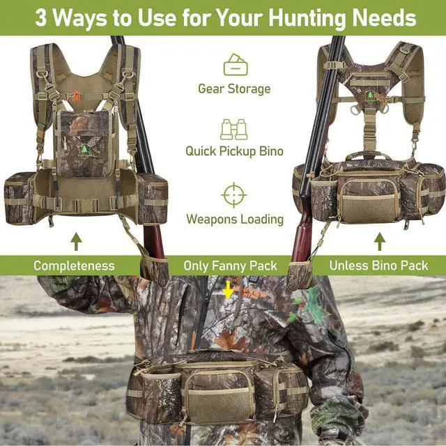 Alt view image 2 of 7 - Hunting Fanny Pack for Men, Camo Waist Pack for Hunter, Fanny Hunting Backpack with Rifle, Shotgun, and Bow Holder (Fanny Pack Upgrade)