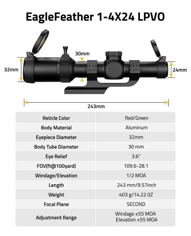 Alt view image 5 of 7 - EagleFeather LPVO Rifle Scope with 30mm Cantilever Mount, 5 Levels Red & Green Illumination Reticle, Second Focal Plane Scopes with Zero Reset