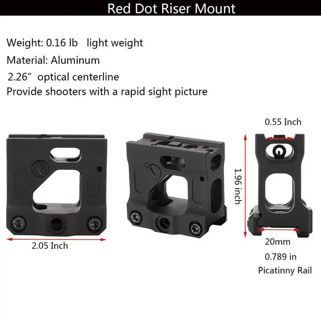 Alt view image 6 of 6 - Red Dot Riser Mount Picatinny Riser Mounts for T1 T2 H1 H2 Optic Sight Accepts All Footprint Optics