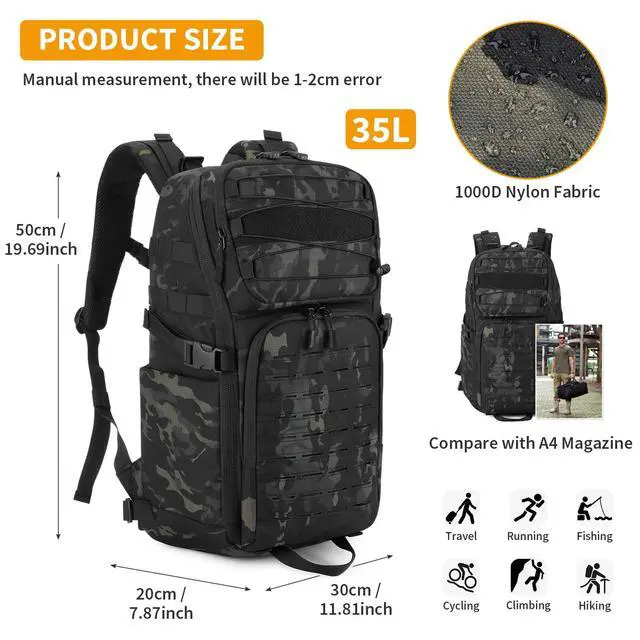 Alt view image 4 of 7 - Tactical Backpack for Men 35L Military Backpack MOLLE 1000D Army Daypack 3 Day Bug Out Bag for Work Camping Hiking Outdoor, Camo