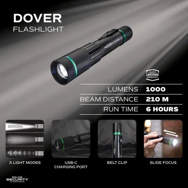Alt view image 2 of 6 - Dover 1000 Lumen Rechargeable Flashlight USB-C Charging Cable Included, Slide Focus, 6-Hour Runtime, Impact Resistant w/Belt Clip