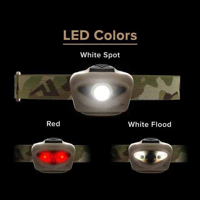 Alt view image 3 of 7 - Vizz LED Headlamp 550 Lumen Dimmable White and Red LEDs, IPX7 Waterproof Rating, Dual Beam Modes Runs on 3 AAA, Lightweight and Rugged