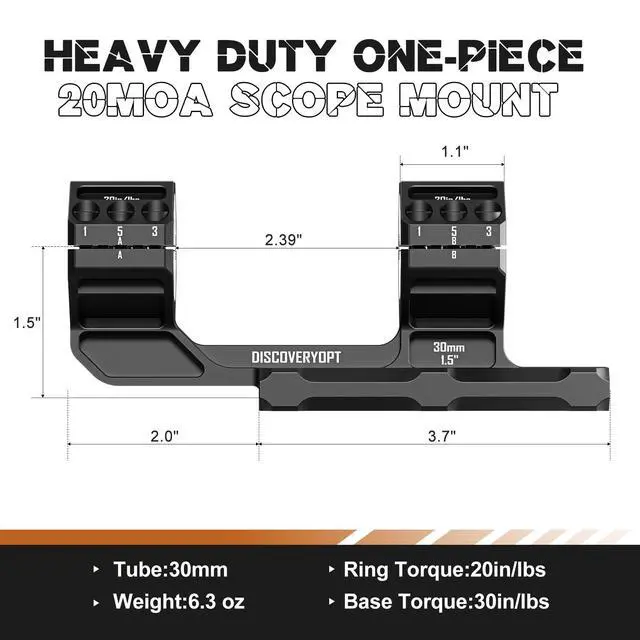 Alt view image 2 of 7 - Heavy Duty Cantilever Scope Mount, One-Piece 20 MOA Picatinny Offset Dual Ring 30mm 34mm Scope Mount