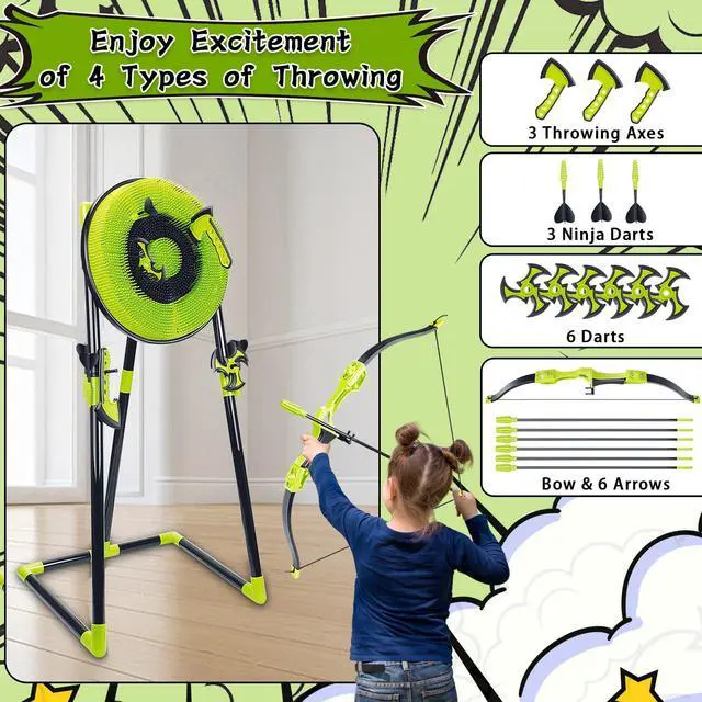 Alt view image 2 of 7 - Axe Throwing Game for Backyard - Outdoor Games for Kids Adults Family - Bristle Target, Bow & Arrow, Throwing Axes, Ninja Stars Darts Includes - Archery Games for Yard Lawn Carnival