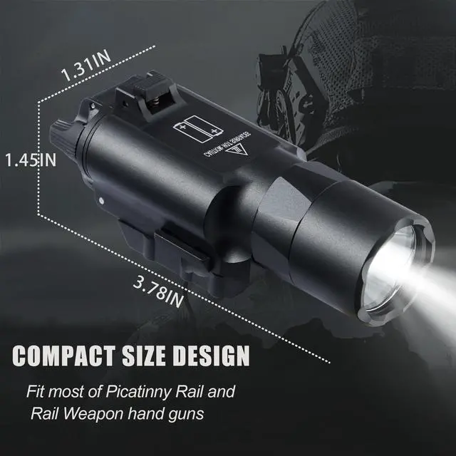 Alt view image 4 of 4 - Tactical Flashlight U-Style Weapon Light 1200 Lumens Pistol Flashlight Picatinny Flashlight Black