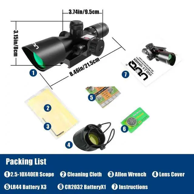 Alt view image 7 of 7 - 2.5-10x40 Rifle Scope with Red/Green Illuminated Mil-dot with Red/Green Laser Combo-Green Lens Color,Tactical Scope for Gun Air Hunting,Free 20/11mm Mounts