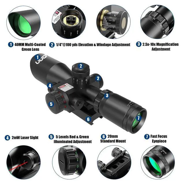 Alt view image 5 of 7 - 2.5-10x40 Rifle Scope with Red/Green Illuminated Mil-dot with Red/Green Laser Combo-Green Lens Color,Tactical Scope for Gun Air Hunting,Free 20/11mm Mounts
