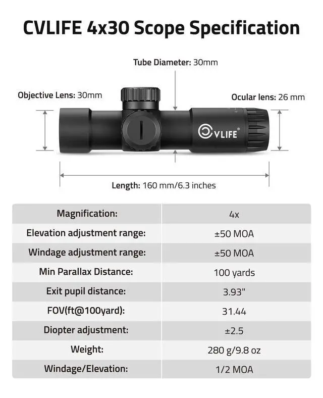 Alt view image 5 of 7 - Compact Rifle Scope with Illuminated Reticle, Zero Reset, Fixed Magnification Hunting Riflescope with 30mm Offset Scope Mount