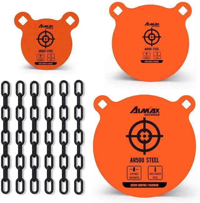 Main image of AR500 Steel Targets Combo with Metal Chains, 3/8 Thick Metal Gong Silhouette Targets for Outdoor Range and Shooting Practice, Neon Orange Color