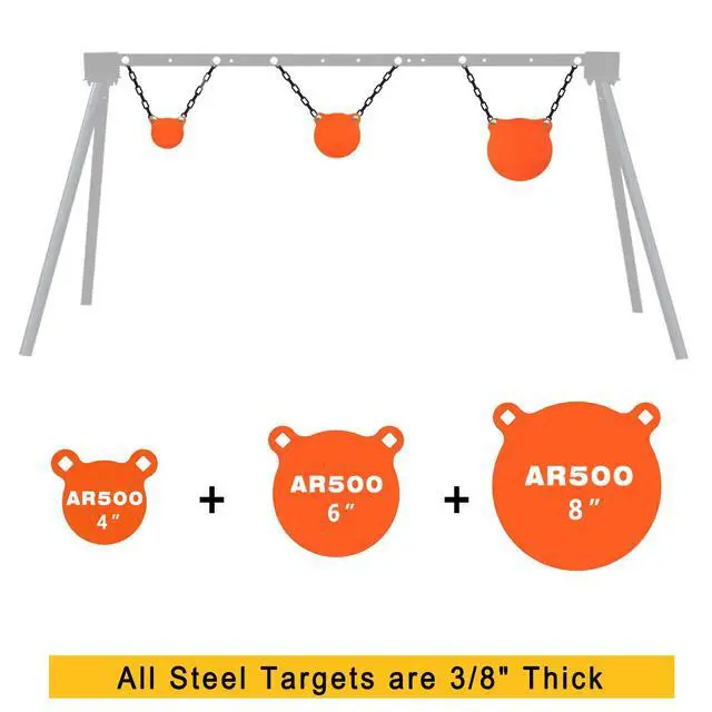 Alt view image 2 of 7 - AR500 Steel Targets Combo with Metal Chains, 3/8 Thick Metal Gong Silhouette Targets for Outdoor Range and Shooting Practice, Neon Orange Color