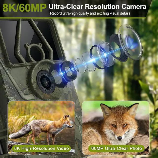 Alt view image 2 of 7 - 8K Solar Trail Camera, 60MP Bluetooth WiFi Game Camera, APP Control Trail Cam,120° Detection Angle/Night Vision/0.1S Trigger Motion Activated/IP66 Waterproof, Deer for Wildlife Farm