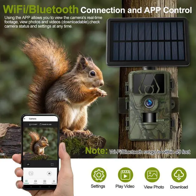 Alt view image 6 of 7 - 8K Solar Trail Camera, 60MP Bluetooth WiFi Game Camera, APP Control Trail Cam,120° Detection Angle/Night Vision/0.1S Trigger Motion Activated/IP66 Waterproof, Deer for Wildlife Farm