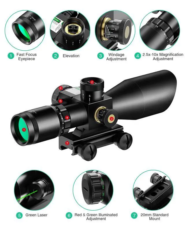 Alt view image 6 of 7 - 2.5-10x40 Red Green Illuminated Mil-dot Scope with Red/Green Laser Combo - Green Lens Color & Mounts