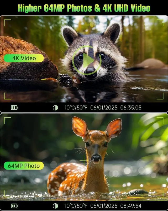 Alt view image 5 of 7 - Trail Camera 4K 64MP with 5000mAh Rechargeable Battery 64GB Micro Memory Card IP67 Waterproof, Night Vision, Motion Activated, Solar Powered Wildlife Hunting Camera Outdoor