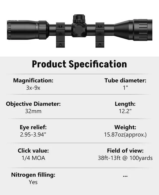 Alt view image 6 of 7 - 3-9x32 AO Rifle Scope Optics R4 Reticle Crosshair Scope with Mounts