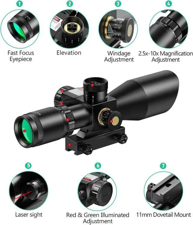 Alt view image 6 of 6 - 2.5-10x40 Red Green Illuminated Mil-dot Scope with Red/Green Laser Combo - Green Lens Color & Mounts