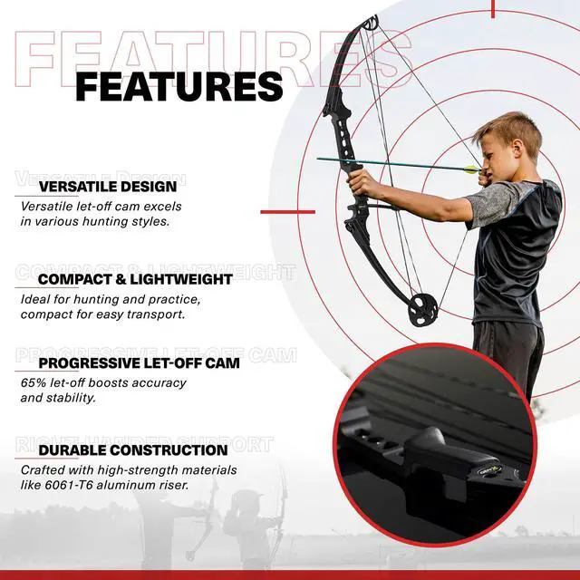 Alt view image 2 of 7 - Gen-X Lightweight Compound Bow, Archery Hunting Bow for Adults w/Adjustable Riser, Cam Draw Weight, & Length, Draw Hand - Right, Black