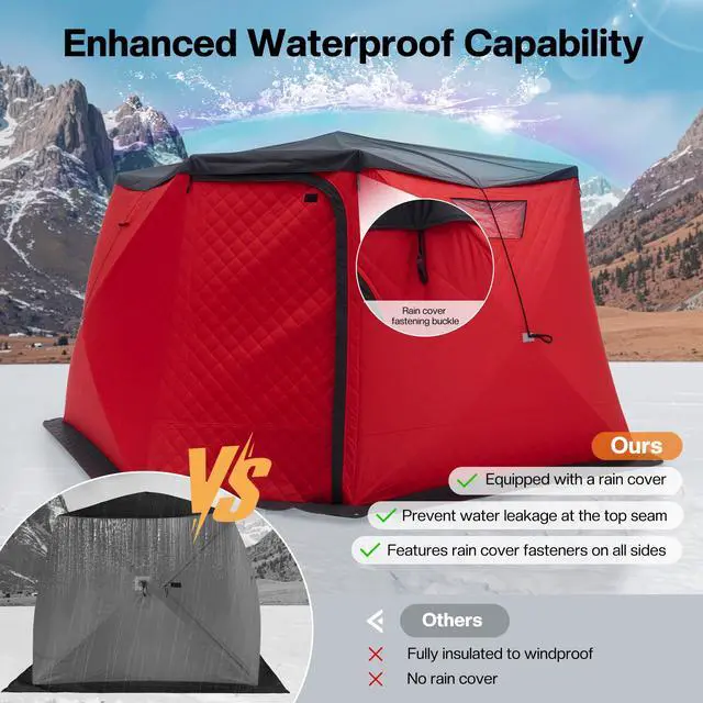 Alt view image 2 of 7 - Insulated Pop-Up Ice Fishing Tent, 70/122/177 Sq.Ft Fishable Area, 410 Person Ice Shanty with 3-Layer Oxford Fabric, Waterproof Cover, Chimney Vent, Anchors & Ropes, Portable Carry Bag
