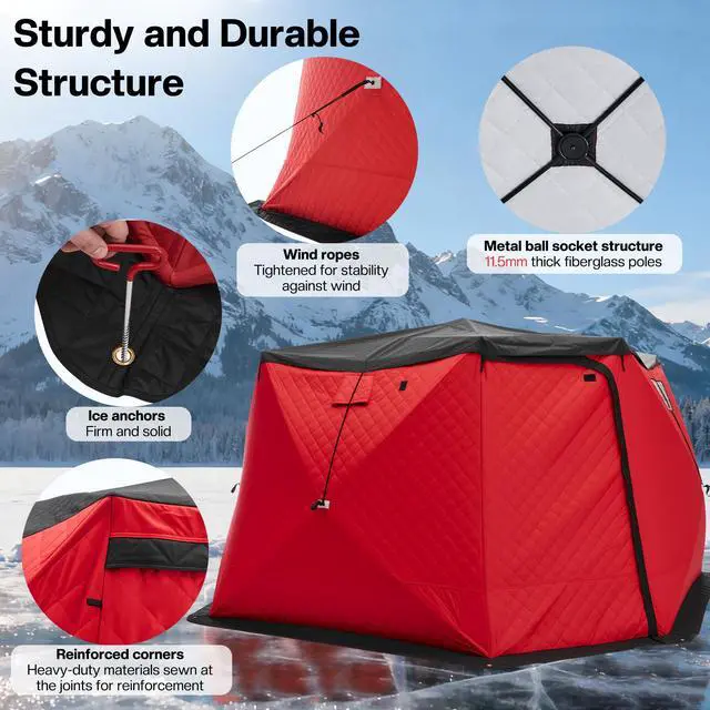 Alt view image 4 of 7 - Insulated Pop-Up Ice Fishing Tent, 70/122/177 Sq.Ft Fishable Area, 410 Person Ice Shanty with 3-Layer Oxford Fabric, Waterproof Cover, Chimney Vent, Anchors & Ropes, Portable Carry Bag