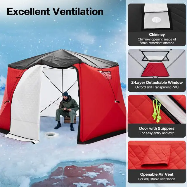 Alt view image 5 of 7 - Insulated Pop-Up Ice Fishing Tent, 70/122/177 Sq.Ft Fishable Area, 410 Person Ice Shanty with 3-Layer Oxford Fabric, Waterproof Cover, Chimney Vent, Anchors & Ropes, Portable Carry Bag