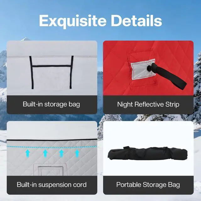 Alt view image 6 of 7 - Insulated Pop-Up Ice Fishing Tent, 70/122/177 Sq.Ft Fishable Area, 410 Person Ice Shanty with 3-Layer Oxford Fabric, Waterproof Cover, Chimney Vent, Anchors & Ropes, Portable Carry Bag