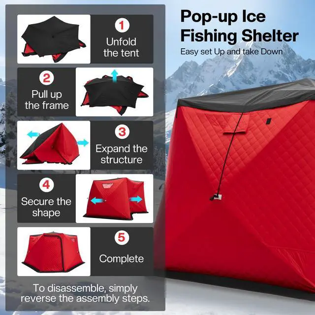 Alt view image 7 of 7 - Insulated Pop-Up Ice Fishing Tent, 70/122/177 Sq.Ft Fishable Area, 410 Person Ice Shanty with 3-Layer Oxford Fabric, Waterproof Cover, Chimney Vent, Anchors & Ropes, Portable Carry Bag