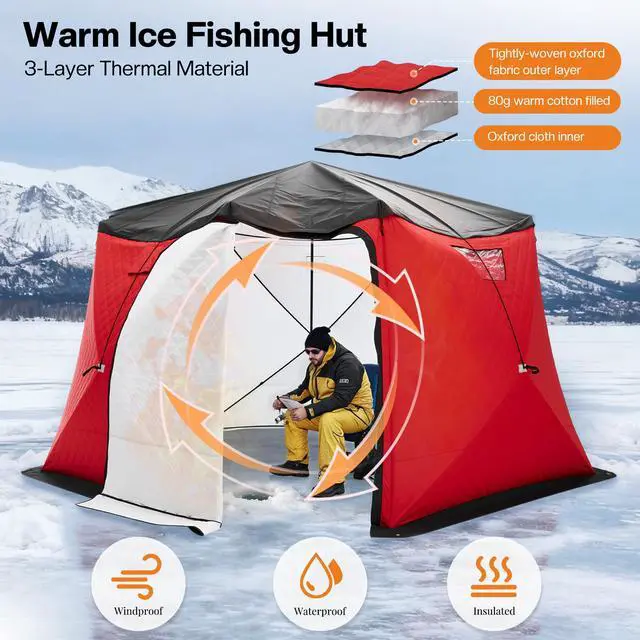 Alt view image 3 of 7 - Insulated Pop-Up Ice Fishing Tent, 70/122/177 Sq.Ft Fishable Area, 410 Person Ice Shanty with 3-Layer Oxford Fabric, Waterproof Cover, Chimney Vent, Anchors & Ropes, Portable Carry Bag