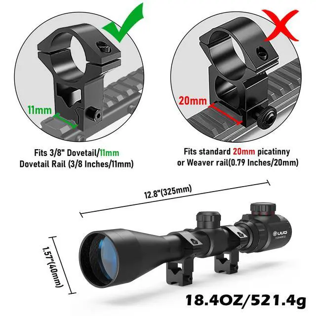 Alt view image 4 of 7 - 3-9×40 Rifle Scope with Red/Green Illumination and Rangefinder Reticle-Includes Batteries,Fits 11mm Free Mounts,Waterproof and Fog-Proof