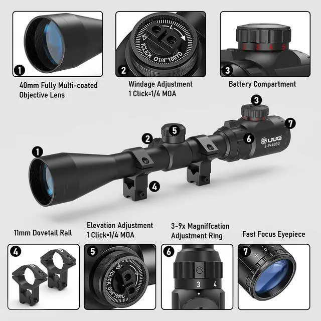 Alt view image 7 of 7 - 3-9×40 Rifle Scope with Red/Green Illumination and Rangefinder Reticle-Includes Batteries,Fits 11mm Free Mounts,Waterproof and Fog-Proof