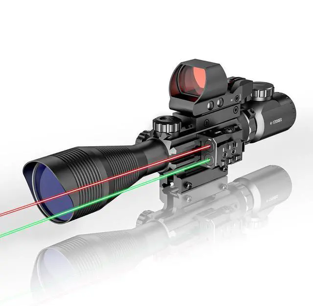 Main image of 4-12/16x50EG Hunting Rifle Scope Tactical Red/Green Dual Illuminated Range Finder with Green/Red Laser 4 Models Holographic Reticle Reflex Red Dot Sight and 5 Brightness Modes Flashlight