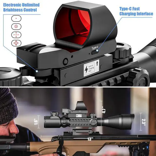 Alt view image 2 of 6 - 4-12/16x50EG Hunting Rifle Scope Tactical Red/Green Dual Illuminated Range Finder with Green/Red Laser 4 Models Holographic Reticle Reflex Red Dot Sight and 5 Brightness Modes Flashlight