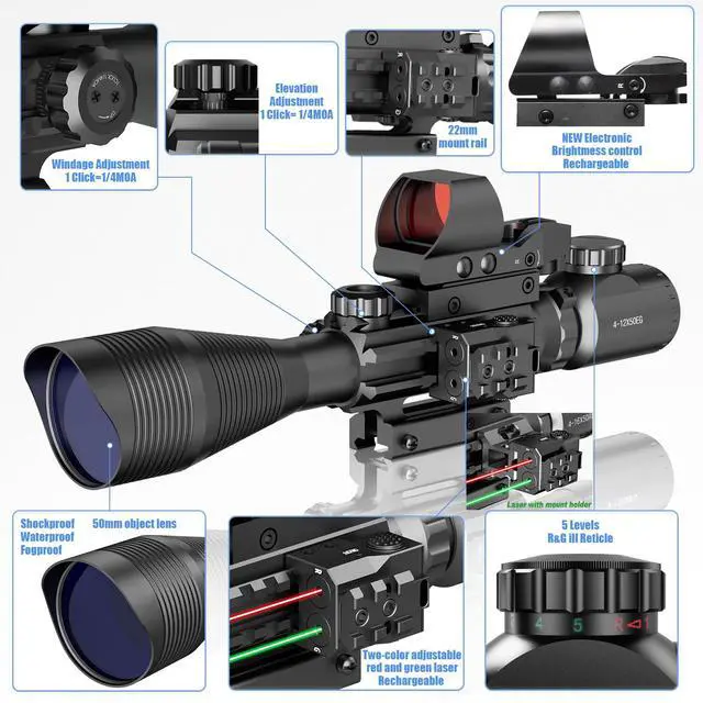 Alt view image 3 of 6 - 4-12/16x50EG Hunting Rifle Scope Tactical Red/Green Dual Illuminated Range Finder with Green/Red Laser 4 Models Holographic Reticle Reflex Red Dot Sight and 5 Brightness Modes Flashlight