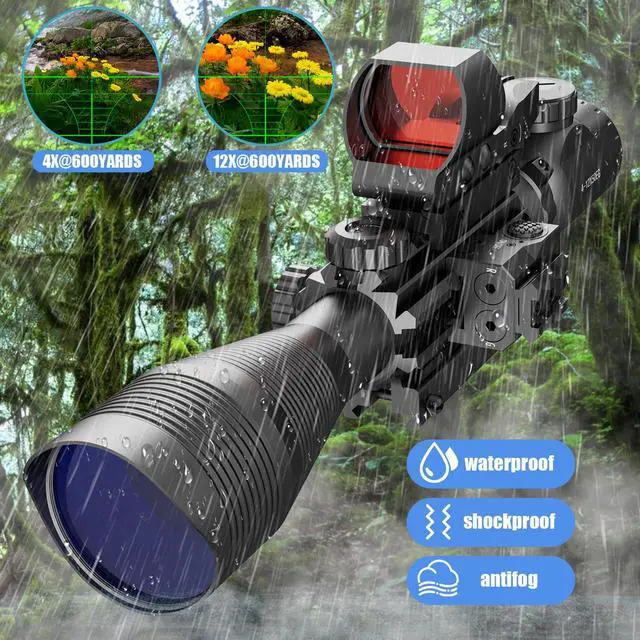 Alt view image 5 of 6 - 4-12/16x50EG Hunting Rifle Scope Tactical Red/Green Dual Illuminated Range Finder with Green/Red Laser 4 Models Holographic Reticle Reflex Red Dot Sight and 5 Brightness Modes Flashlight